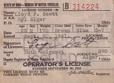 Vintage 1941 Driver's Operator's License For The State Of Ohio • $8.99