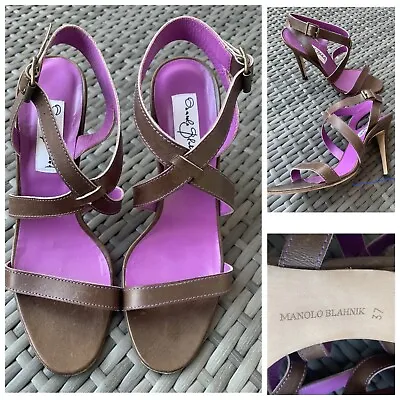 Manolo Blahnik Heel Stiletto Sandal Open Toe Ankle Strap LIMITED EDITION SZ 37 • $79.99