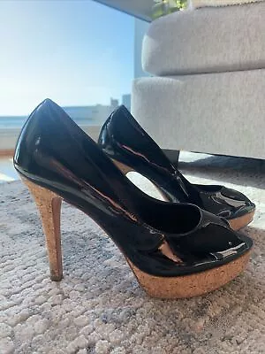 Cole Haan Mariela Black Patent Peep Toe Cork Platform Stiletto Heels • $25