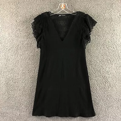 £11.99 • Buy Womens Zara Size Medium Black Lace Flutter Sleeve V Neck Party Mini Dress