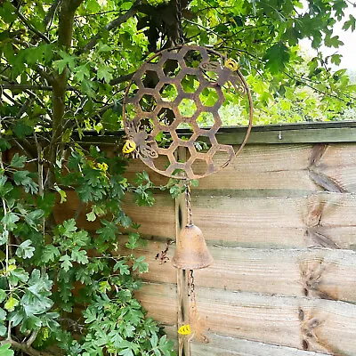 Honeycomb Bee Wind Chime Cast Iron Brown Hanging Bell Mobile Metal Garden Decor • £16