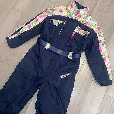 Vtg 80s Ski Suit Womens Small One Piece Snowsuit Retro Snow Bib Navy Neon Apres • $129.99