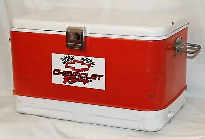 LARGE Vintage Chevrolet Racing Metal Thermos Chest Beer Ice Cooler Red White • $24.90