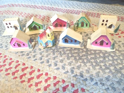 $72 • Buy Vintage Christmas Glitter Putz  Mica Village Church Trees, Japan, Lot Of 9