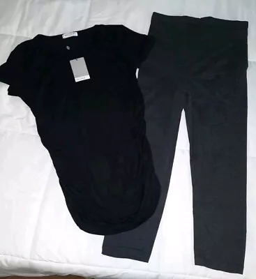 New Maternity Lot S / M Oh Mamma Leggings Shorts Shirt Black Gray 4pc Full Belly • $20.50