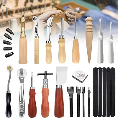 Vintage Leather Craft Punch Kit Stitching Sewing Working Saddle Groover Tool Set • $35.98