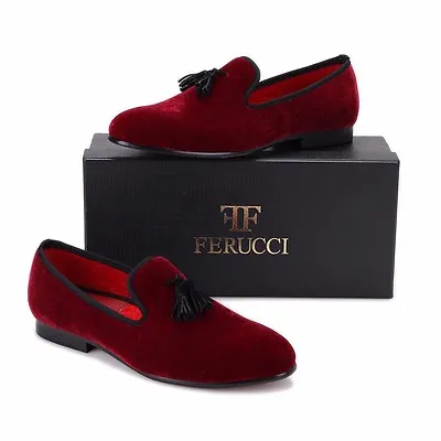Men FERUCCI Burgundy Velvet Slippers Loafers Flat With Black Tassel Prom Wedding • $139.99