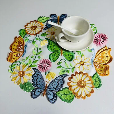 Set Of 4 Round Embroidered Placemat Spring Floral Dining Table Mats Doilies 14  • $19.79