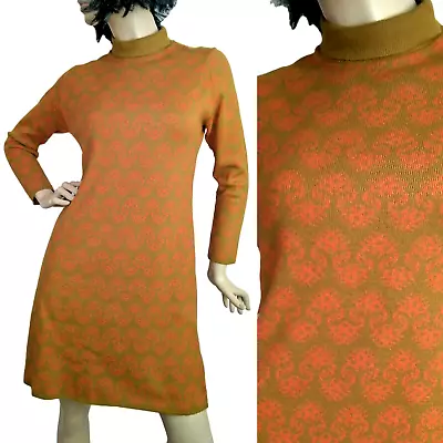 Vintage 60s 70s Knitted Dress Tunic Shift Orange Brown Orlon Size 10 • £20