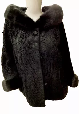 VTG Woman Black Broadtail Persian Lamb Real Fur Jacket BOLERO Mink Trimmed  S-M • $59.67