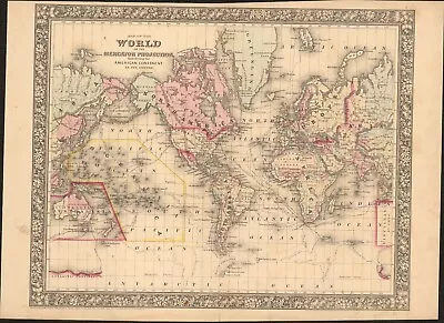 1860 World Mercator Projection By Mitchell Beautiful Antique Map 20.6  X 15  • $50
