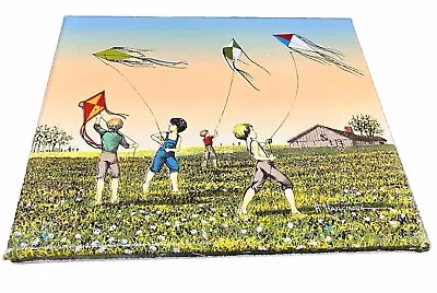 H Hargrove Framed Serigraph Signed Oil Painting Canvas Boys Flying Kites 8 X 10 • $14.99