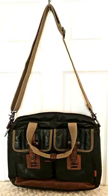 Fossil Region Lrg Green Coated Canvas Brown Leather Laptop Messenger Travel Bag • $59.99
