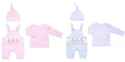 Bunny Rabbit Baby Girls Boys Dungarees 3 Piece Gift Set Outfit 0-3 3-6 Months • £17.99