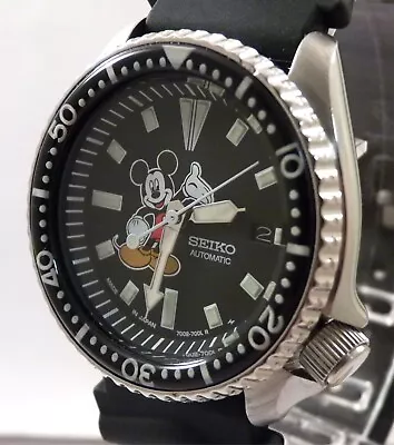 Seiko Ceramic Black Mickey Mouse Automatic Scuba Divers Date Watch Custom 7002 • $70.87