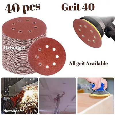 40 Pcs 40 Grit 5 Inch 8 Hole Hook And Loop Sanding Discs Round Sandpaper • $17.50