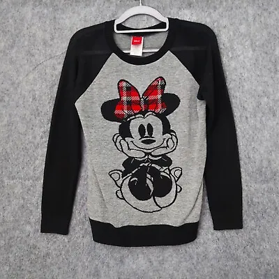 Disney Girls Minnie Mouse Sweater M Holiday Color Block Pullover Knit Plaid Gray • $11.77