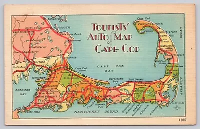 Cape Cod Massachusetts Tourists Auto Map Vintage Postcard • $6.39