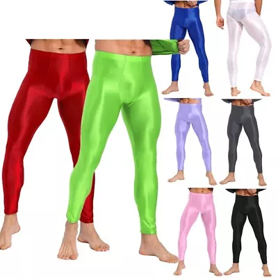 Men's Shiny Glossy Compression Pants Solid Color Yoga Workout Skinny Leggings  • £8.27