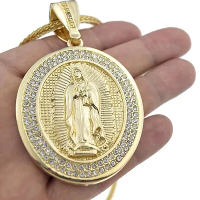 Oval Mary Pendant Virgen De Guadalupe Simulated CZ Gold Plated Franco Chain 36  • $29.95