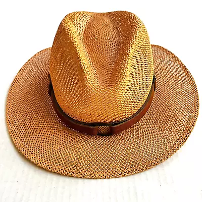 Vintage Panama Straw Hat Leather Buckle Band Pecan Mens Small/Medium • $24.95