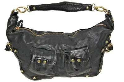 LINEA PELLE Black Pebbled Leather Studded Hobo Bag Purse • $49.99