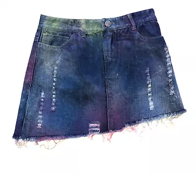 Flowers By Zoe Girls Asymmetrical Distressed Spray Paint Denim Jean Skirt L(12) • £11.25