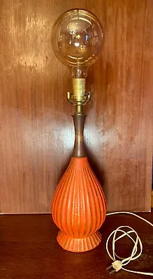 Vintage MCM Geometric Ceramic Table Lamp Orange Wood Neck Danish Edison Bulb • $64.97