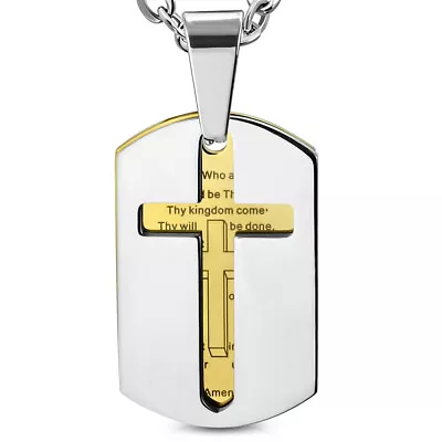 Stainless Steel Two-Tone Cross Prayer English Mens Pendant Necklace 22  • $19.99