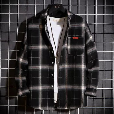 Mens Casual Spring And Autumn Fashion Plaid Lapel Pocket Button Top Shirt • £19.84