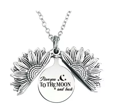 I Love You To The Moon And Back Silver Stainless Steel Sunflower Locket Necklace • $24.99