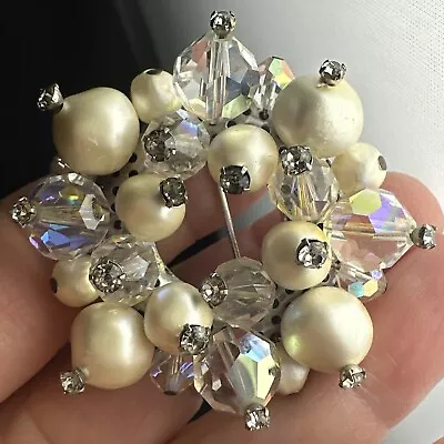 Early Miriam Haskell Auora Borealis Faceted Crystals & Baroque Pearls Brooch • $56.25