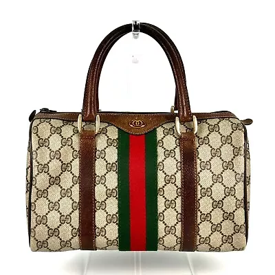 Vintage Gucci GG Pattern Sherry Line Mini Boston Bag PVC Leather Brown Authentic • $339.99