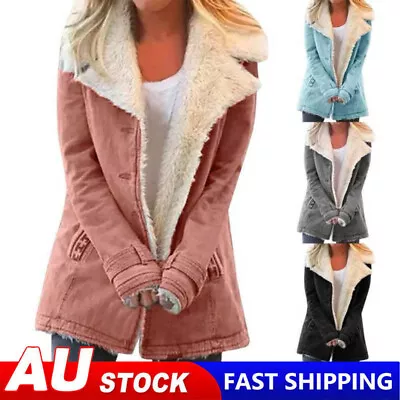 Women Sherpa Lined Lapel Coat Winter Warm Fleece Jacket Padded Cardigan Outwear • $30.85