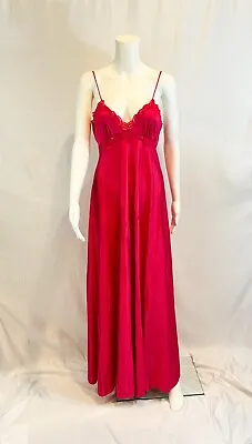 Vintage Halston Red Nylon Nightgown With Leaf Design Lace Trim • $80