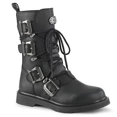 DEMONIA BOLT-265 Men's Punk Combat Biker Black Buckles Lace Up Calf Ankle Boots • $103.95