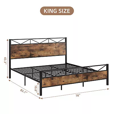 Full Queen King Bed Frame W/ Industrial Wood Headboard Platform Metal Bed Frame • $296.99