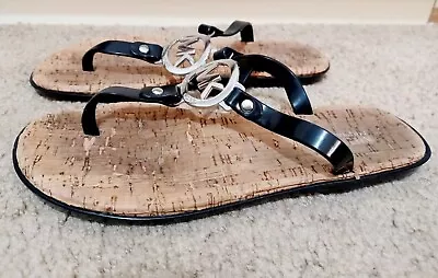 Michael Kors Black Jelly T-Strap Cork Thong Sandals Silver MK Logo Size 7M • $10