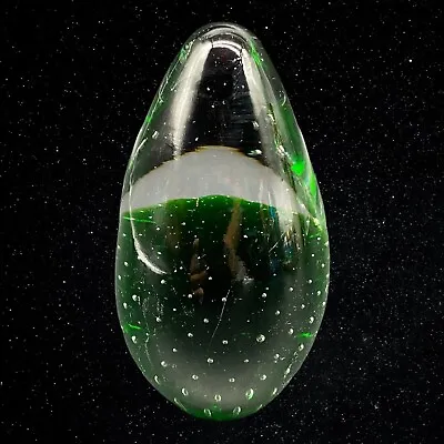 MURANO Art Glass Egg Shaped Emerald Green Bullicante Paperweight 4.5”T 2.5”W • $30.60