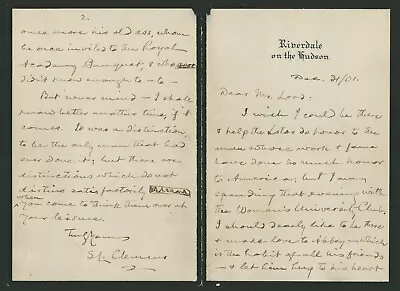 Samuel L.  Mark Twain  Clemens - Autograph Letter Signed 12/31/1901 • $4500