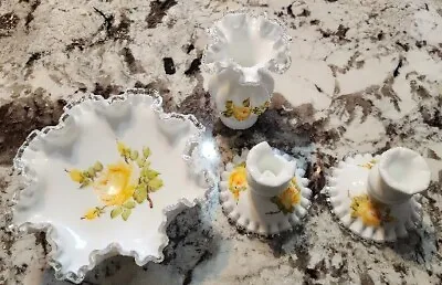 Fenton Milk Glass Silver Crest Melon Ruffle Vase Dish Candle Yellow Rose Lot • $40