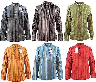 Stripy Men's Grandad Hippie Cotton Summer Light Colorful Nepalese Shirts Tops • £17.99
