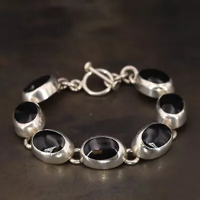 VTG Sterling Silver - MEXICO TAXCO Onyx Inlay Link 7.5  Toggle Bracelet - 36g • $22.50