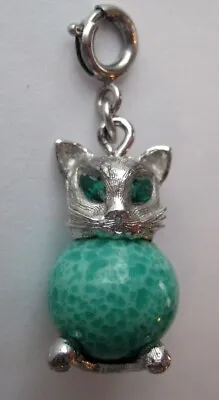 60's VTG Silver Tone Metal KITTY CAT Bracelet Charm MONET Rhinestone Eyes • $15