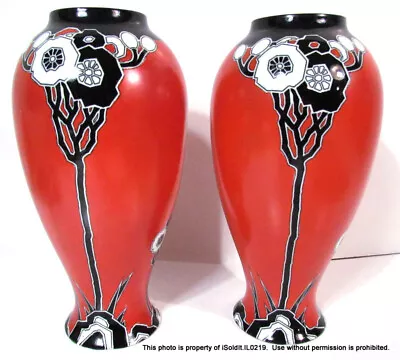 PAIR VINTAGE CARLTON WARE Art Deco VASES RED BLACK & RED Flowers 10.25  • $99.99