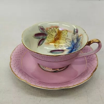 MERIT Hand Painted Occupied Japan Tea Cup And Saucer Pink Floral & Dots 1946-52 • $19.99