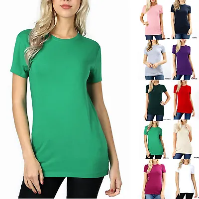 SHORT SLEEVE CREW NECK Basic Women T-Shirt Cotton Long Top Fitted Plain Stretch • $9.99