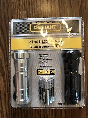 2 Pack Defiant 28 Lumens 9 LED Flashlights W/ 6 AAA Batteries NEW Silver Black • $8.99