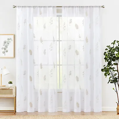 $25.49 • Buy Sheer Window Curtain Botanical Design Embroidered For Living Room 2 Panels