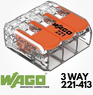 WAGO 221-413 3 Way Lever Type Push Cable Connector 0.14 To 4mm² - 50 PACK • £14.99